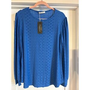 NEW Fantaslook Blue Eyelet Pullover Long Sleeve Top Women Large Feminine Boho